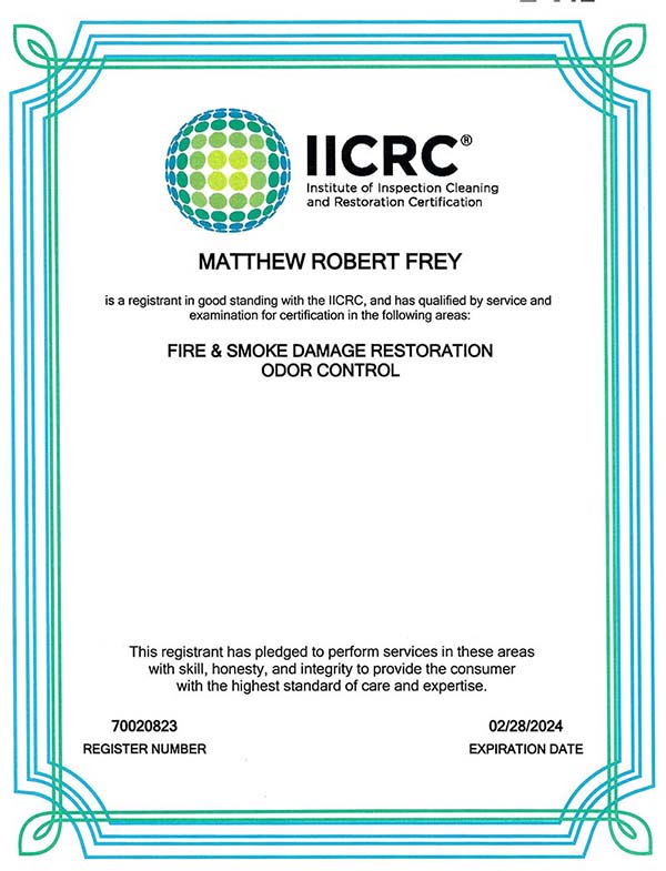 Matt Frey IICRC Certification Bulovas Restorations
